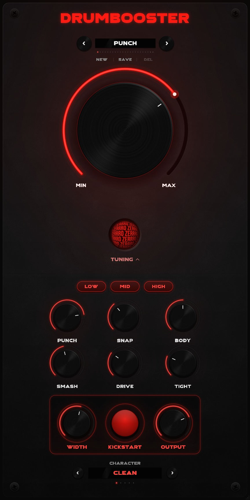 DRUMBOOSTER 2.0 with the TUNING panel open: band buttons, six macros, width, kickstart, output and character