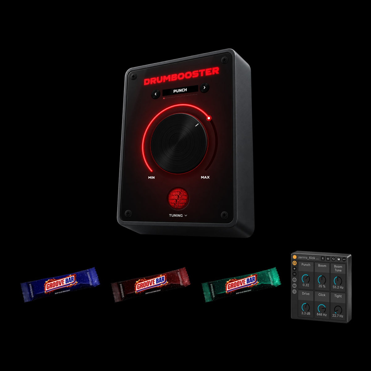 DRUM Bundle: DRUMBOOSTER plugin, Groove Bar 1-3 and the Kick Punch rack