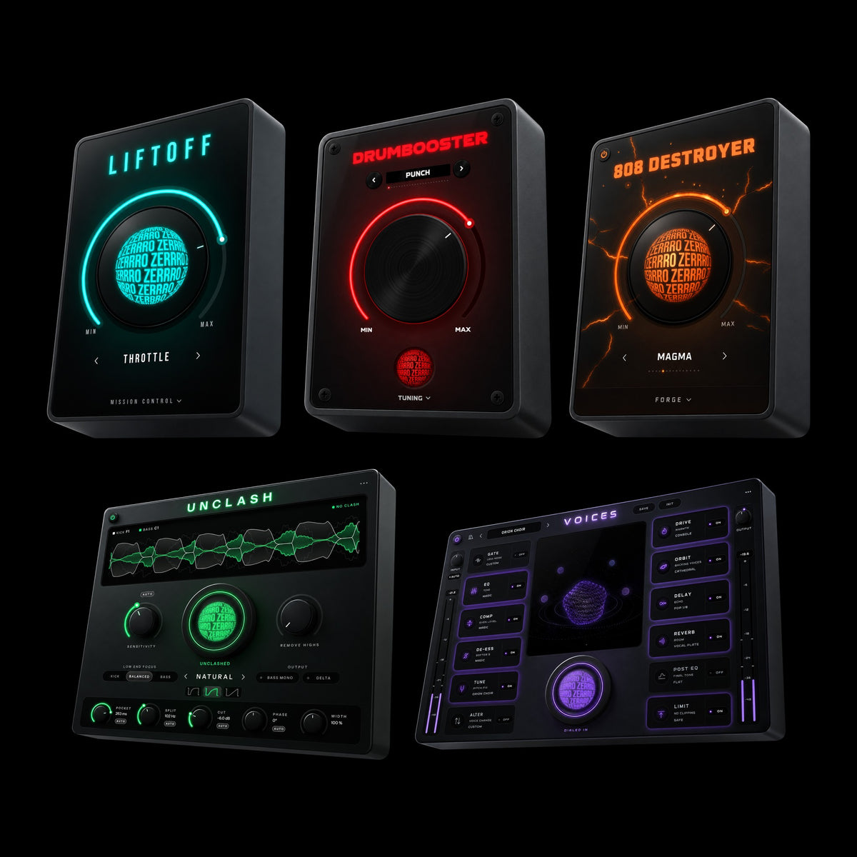 EFFECT Bundle – all 5 zerrro plugins: DRUMBOOSTER, LIFTOFF, 808 DESTROYER, UNCLASH and VOICES