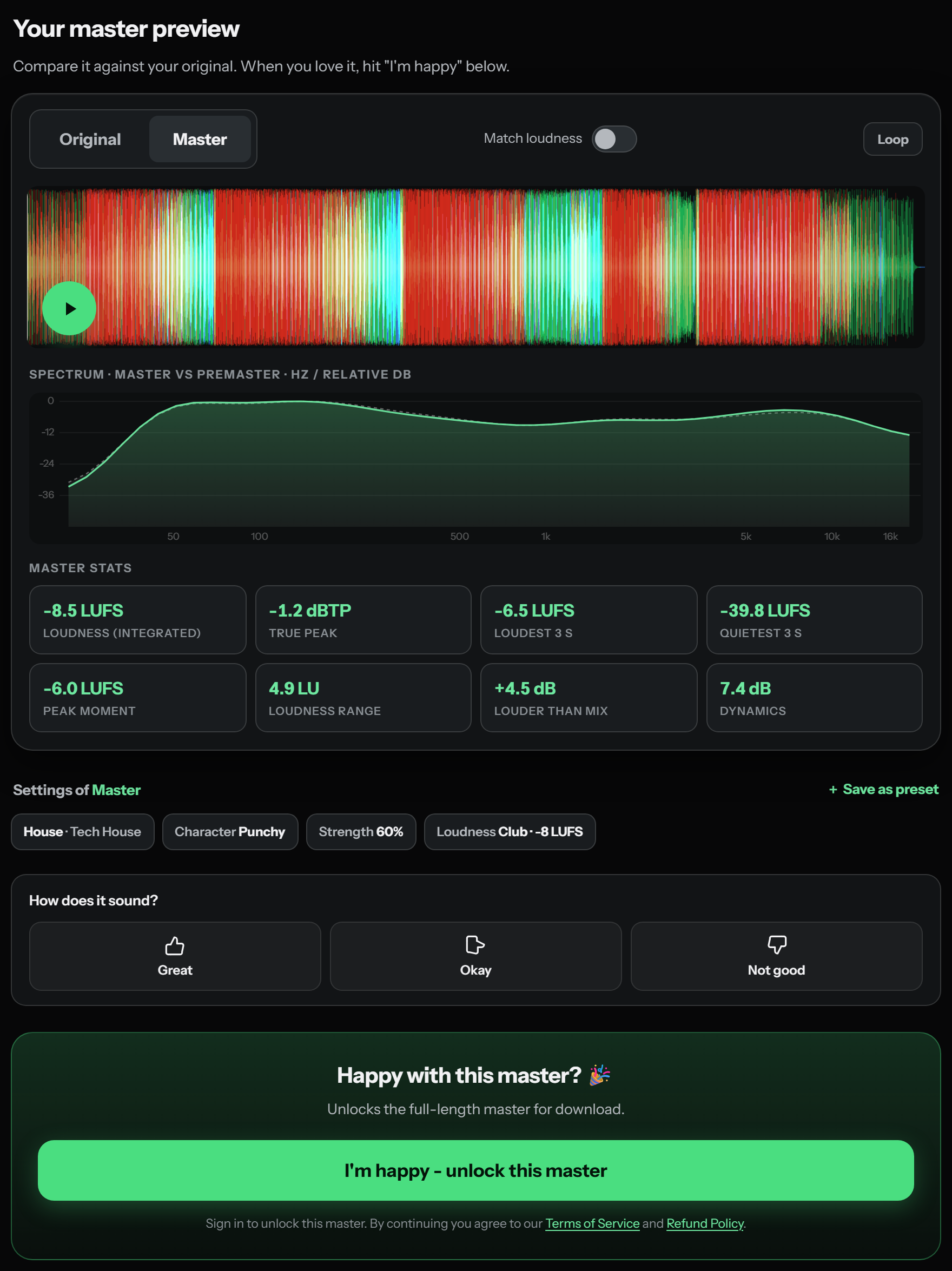 Master preview with loudness-matched A/B and measured stats