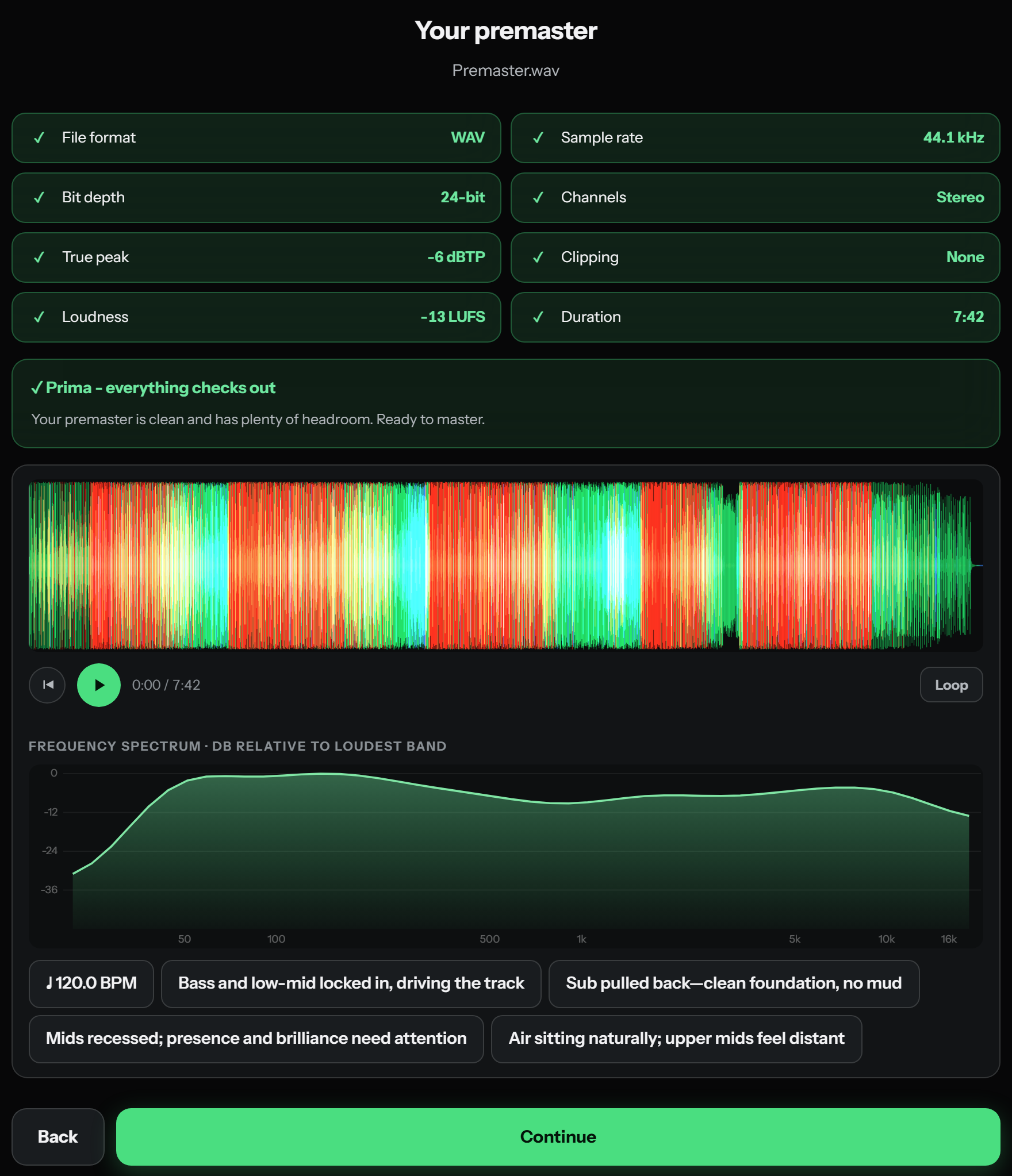 Premaster check with waveform, spectrum, BPM and AI notes